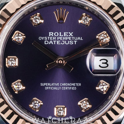 2021 ROLEX LADIES DATEJUST TWO TONE ROSE GOLD AND STEEL PURPLE DIAL DIAMOND MARKERS 28MM 279171