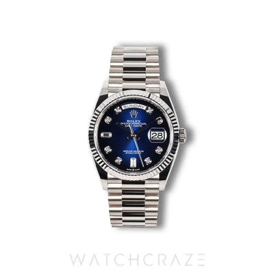 2022 ROLEX DAY-DATE WHITE GOLD BLUE DIAL DIAMOND MARKERS 36MM 128239 DAY-DATE