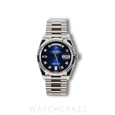 2022 ROLEX DAY-DATE WHITE GOLD BLUE DIAL DIAMOND MARKERS 36MM 128239 DAYDATE