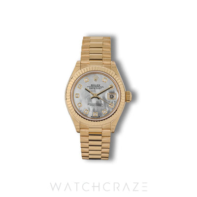 2025 ROLEX LADY-DATEJUST YELLOW GOLD MOTHER OF PEARL DIAL DIAMOND MARKERS 28MM 279178