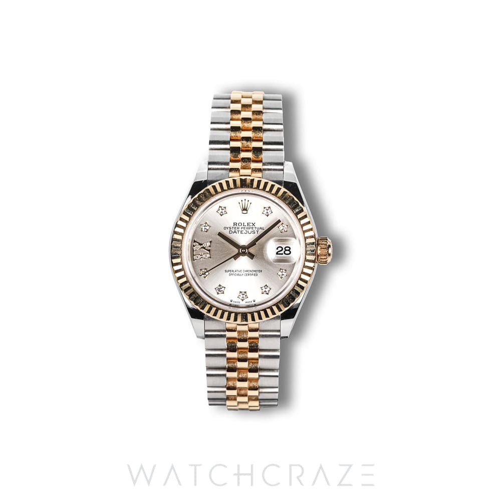 2023 ROLEX LADIES DATEJUST TWO TONE YELLOW GOLD AND STEEL SILVER STAR DIAMOND DIAL 28MM 279173