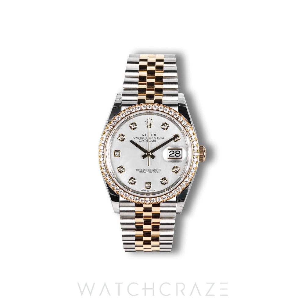 2026 ROLEX DATEJUST TWO TONE YELLOW GOLD AND STEEL MOTHER OF PEARL DIAMOND MARKERS 36MM 126283RBR