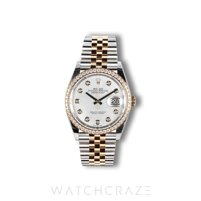 2026 ROLEX DATEJUST TWO TONE YELLOW GOLD AND STEEL MOTHER OF PEARL DIAMOND MARKERS 36MM 126283RBR