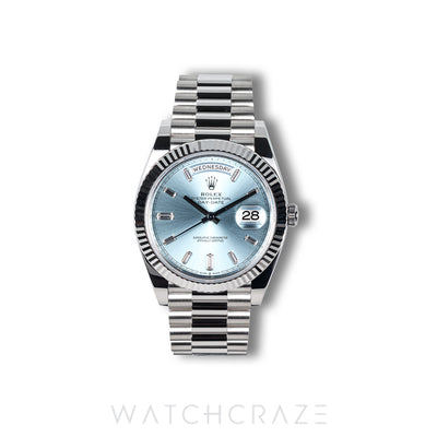 2026 ROLEX DAY-DATE PLATINUM ICE BLUE BAGUETTE DIAL 40MM 228236