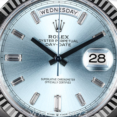 2026 ROLEX DAY-DATE PLATINUM ICE BLUE BAGUETTE DIAL 40MM 228236