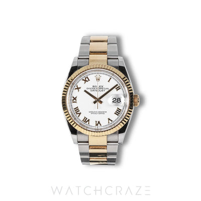 2024 ROLEX DATEJUST TWO TONE YELLOW GOLD AND STEEL WHITE ROMAN NUMERAL DIAL 36MM 126233