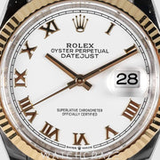 2024 ROLEX DATEJUST TWO TONE YELLOW GOLD AND STEEL WHITE ROMAN NUMERAL DIAL 36MM 126233