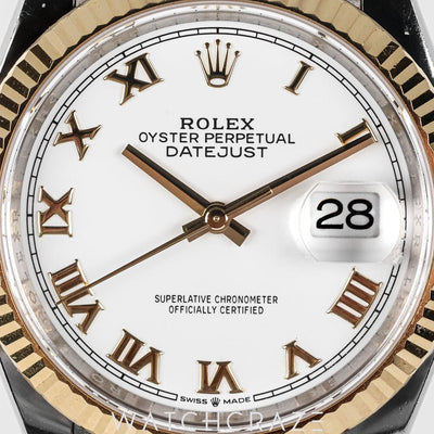 2024 ROLEX DATEJUST TWO TONE YELLOW GOLD AND STEEL WHITE ROMAN NUMERAL DIAL 36MM 126233