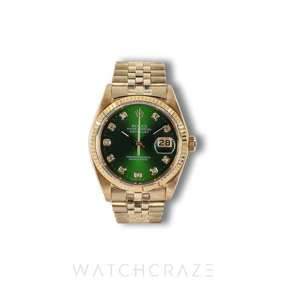 ROLEX DATEJUST YELLOW GOLD GREEN SUNBURST DIAL DIAMOND INDICATORS 36MM 16018 (Aftermarket dial / Aftermarket glass / Aftermarket bracelet)
