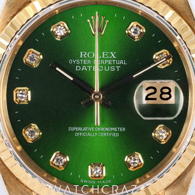 ROLEX DATEJUST YELLOW GOLD GREEN SUNBURST DIAL DIAMOND INDICATORS 36MM 16018 (Aftermarket dial / Aftermarket glass / Aftermarket bracelet)