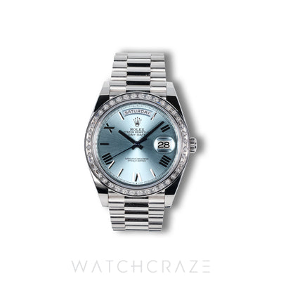 2022 ROLEX DAY DATE PLATINUM ICE BLUE DIAL BAGUETTES 40MM 228396TBR