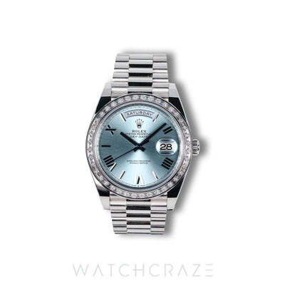 2021 ROLEX DAY-DATE PLATNIUM AND DIAMOND BEZEL ICE BLUE DIAL 40MM 228396TBR