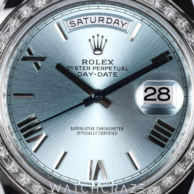 2021 ROLEX DAY-DATE PLATINUM AND DIAMOND BEZEL ICE BLUE DIAL 40MM 228396TBR