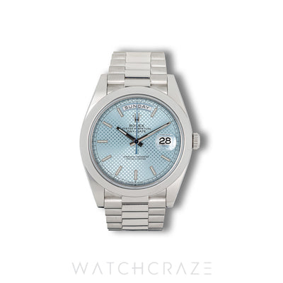 2021 ROLEX DAYDATE PLATINIUM ICE BLUE SMOOTH BAZEL 40MM 228206A