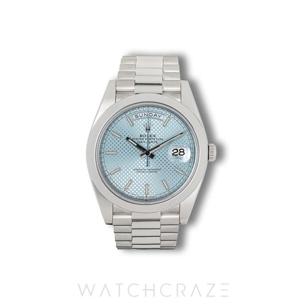 2021 ROLEX DAYDATE PLATINIUM ICE BLUE SMOOTH BAZEL 40MM 228206A