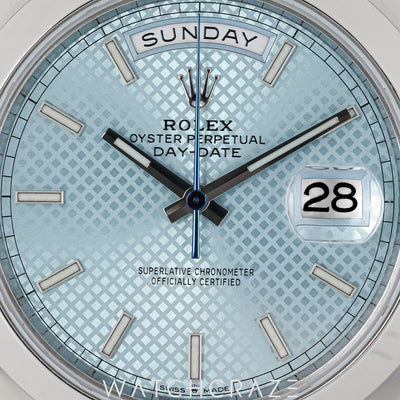 2021 ROLEX DAYDATE PLATINIUM ICE BLUE SMOOTH BAZEL 40MM 228206A