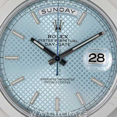2021 ROLEX DAYDATE PLATINIUM ICE BLUE SMOOTH BAZEL 40MM 228206A