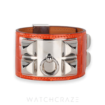 HERMES COLLIER DE CHEIN PALLADIUM PLATED ORANGE ALLIGATOR