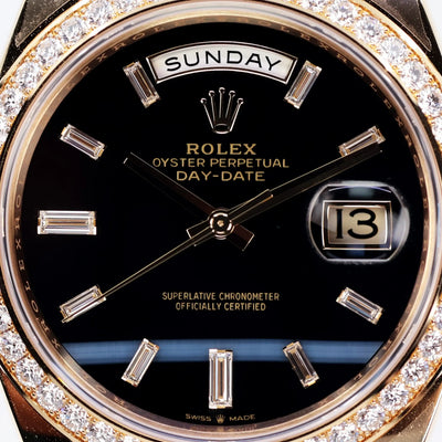 2025 ROLEX DAY DATE YELLOW GOLD OYNX DIAL DIAMOND BEZEL 40MM 228348RBR