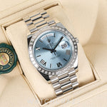 2022 ROLEX DAY DATE PLATINUM ICE BLUE DIAL BAGUETTES 40MM 228396TBR