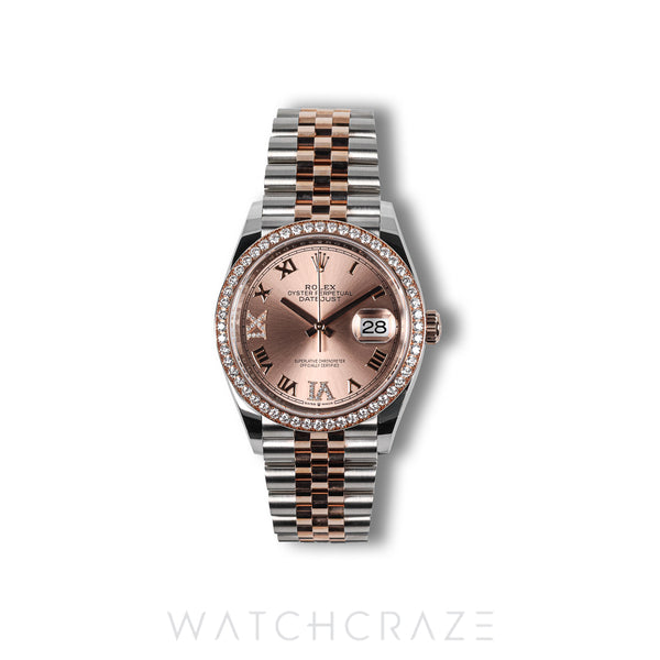 2022 ROLEX DATEJUST TWO TONE ROSE GOLD AND STEEL ROSE GOLD DIAL DIAMOND BEZEL 36MM 126281RBR