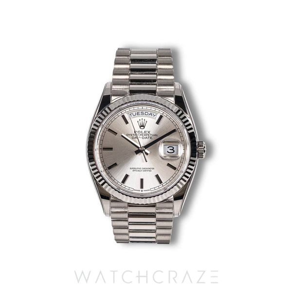 2025 ROLEX DAY-DATE WHITE GOLD SILVER DIAL 36MM 128239