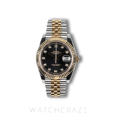 2022 ROLEX DATEJUST TWO TONE YELLOW GOLD AND STEEL BLACK DIAL DIAMOND MARKERS 41MM 126333
