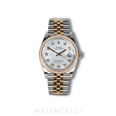 2026 ROLEX DATEJUST TWO TONE YELLOW GOLD AND STEEL MOTHER OF PEARL DIAMOND MARKERS 36MM 126283RBR