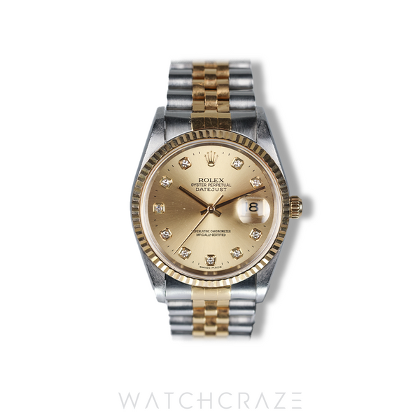 ROLEX DATEJUST TWO TONE YELLOW GOLD AND STEEL CHAMPAGNE DIAL 36MM 16233
