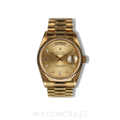 ROLEX DAY-DATE YELLOW GOLD CHAMPAGNE DIAL DIAMOND MARKERS 36MM 18238