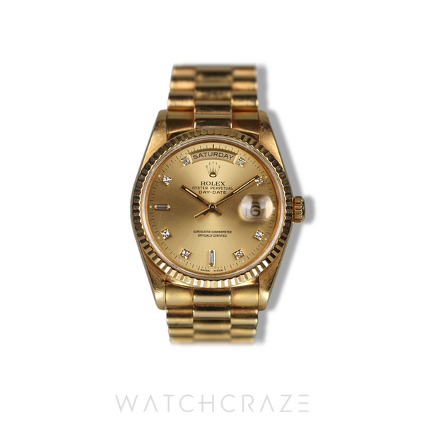 ROLEX DAY-DATE YELLOW GOLD CHAMPAGNE DIAL DIAMOND MARKERS 36MM 18238