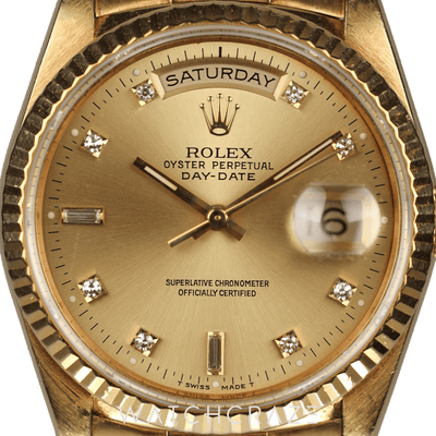 ROLEX DAY-DATE YELLOW GOLD CHAMPAGNE DIAL DIAMOND MARKERS 36MM 18238