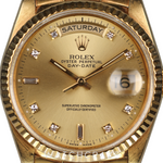 ROLEX DAY-DATE YELLOW GOLD CHAMPAGNE DIAL DIAMOND MARKERS 36MM 18238