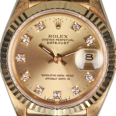 ROLEX LADIES DATEJUST YELLOW GOLD CHAMPAGNE DIAL DIAMOND MARKERS 26MM 69178G