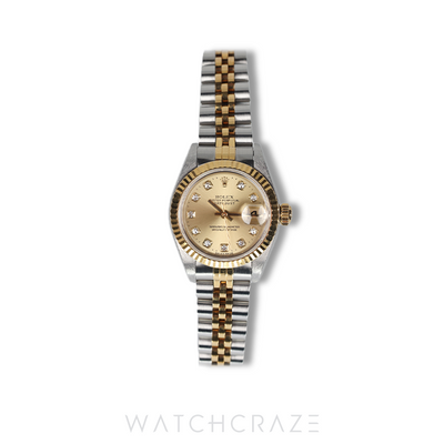 ROLEX LADIES DATEJUST TWO TONE YELLOW GOLD AND STEEL CHAMPAGNE DIAL 26MM 69173