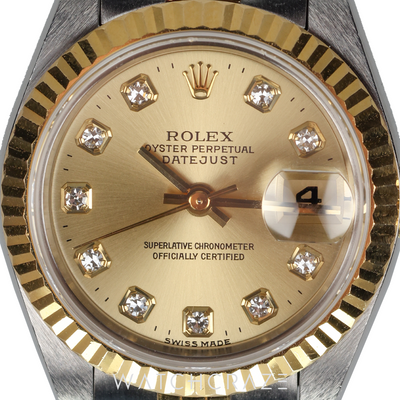 ROLEX LADIES DATEJUST TWO TONE YELLOW GOLD AND STEEL CHAMPAGNE DIAL 26MM 69173