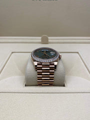 2021 ROLEX DAY DATE 40MM ROSE GOLD OLIVE DIAL FACTORY DIAMOND BEZEL 228235RBR  2021 FULL SET - WatchCraze.com.au
