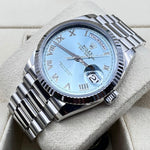 2023 ROLEX DAY DATE ICE BLUE DIAL PLATINUM ROMAN NUMERALS 36MM 128236 - WatchCraze.com.au