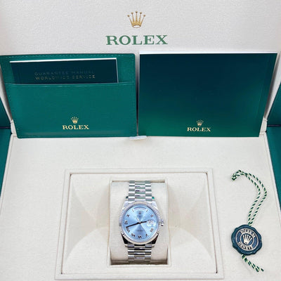 2023 ROLEX DAY DATE ICE BLUE DIAL PLATINUM ROMAN NUMERALS 36MM 128236 - WatchCraze.com.au