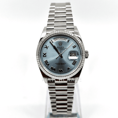 2023 ROLEX DAY DATE ICE BLUE DIAL PLATINUM ROMAN NUMERALS 36MM 128236 - WatchCraze.com.au