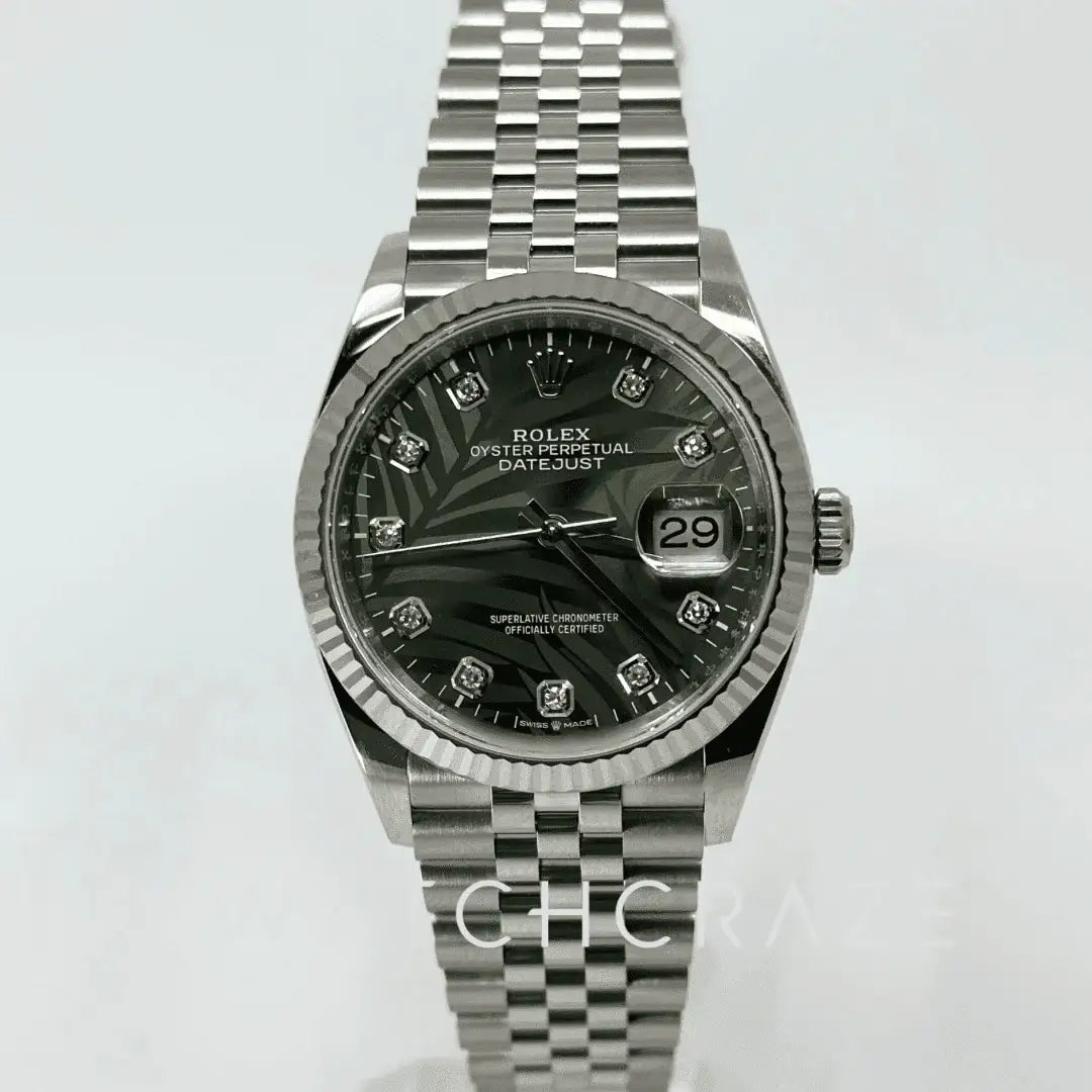 2023 ROLEX DATEJUST OLIVE GREEN PALM MOTIF DIAL DIAMOND MARKERS 36MM 126234