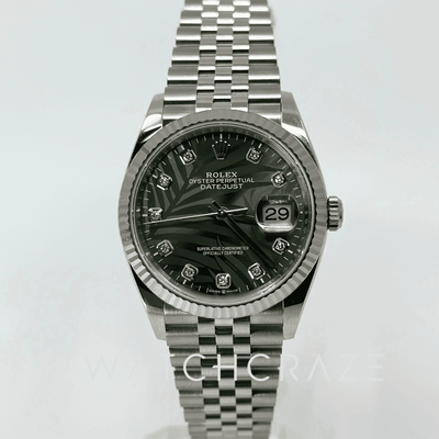 2023 ROLEX DATEJUST OLIVE GREEN PALM MOTIF DIAL DIAMOND MARKERS 36MM 126234 - WatchCraze.com.au