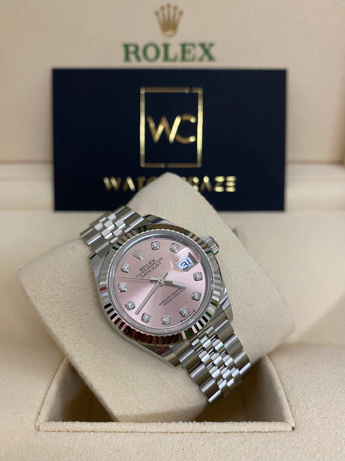 2022 ROLEX LADY DATEJUST 28MM PINK W/ DIAMOND INDICES 279174