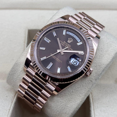 2022 ROLEX DAYDATE 40MM EVEROSE CHOCOLATE BAGUETTE DIAMOND MARKERS 228235 - WatchCraze.com.au