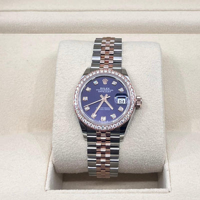 2023 ROLEX DATE JUST DIAMOND MARKERS DIAMOND BEZEL PURPLE DIAL 31MM 279381RBR - WatchCraze.com.au