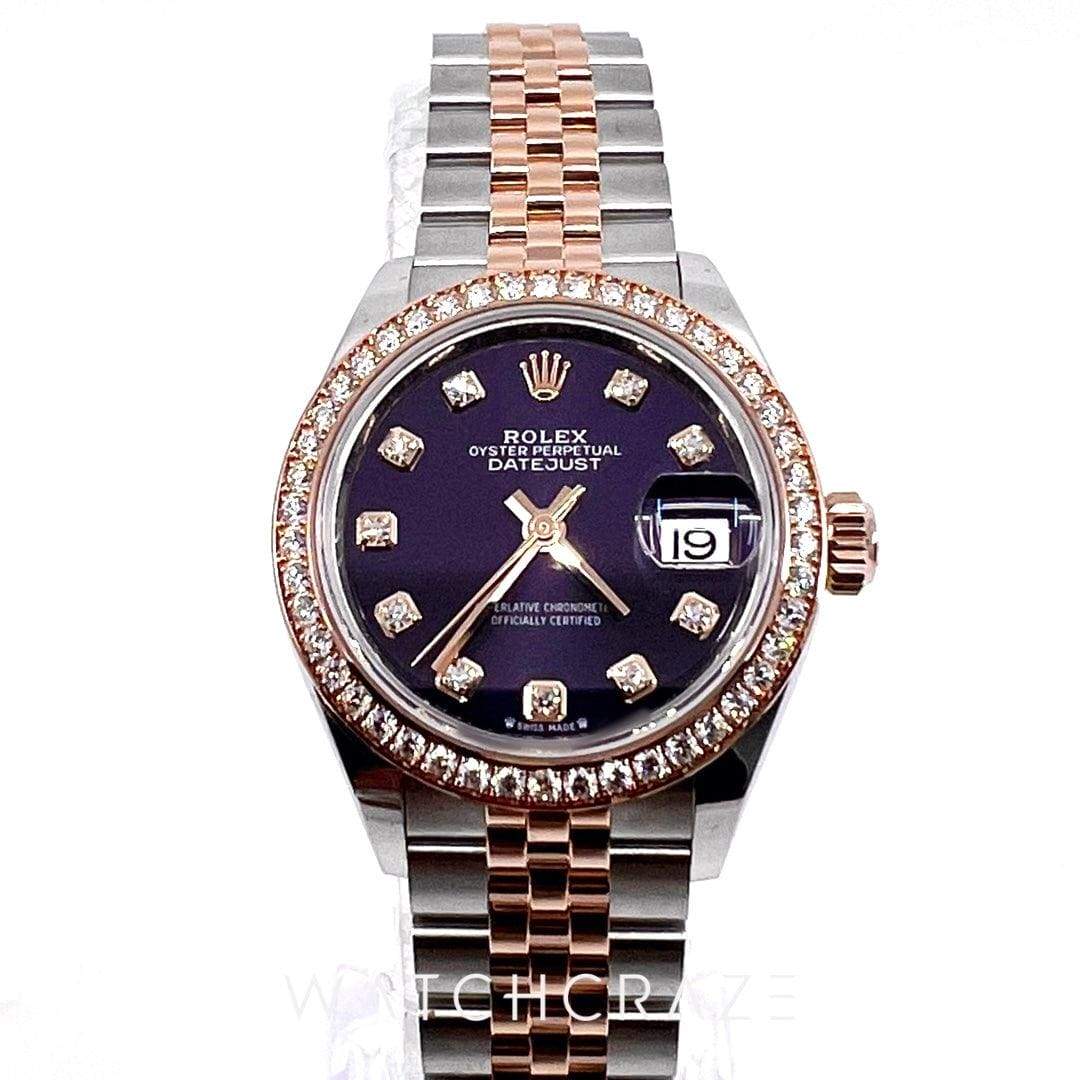 2023 ROLEX DATE JUST DIAMOND MARKERS DIAMOND BEZEL PURPLE DIAL 31MM 279381RBR