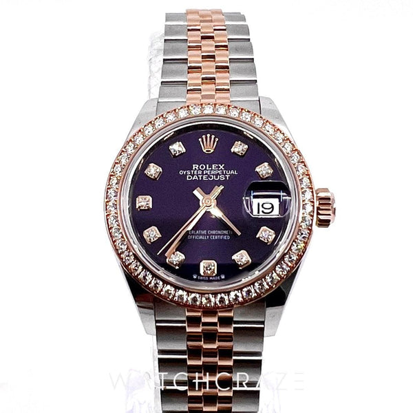 2023 ROLEX DATE JUST DIAMOND MARKERS DIAMOND BEZEL PURPLE DIAL 31MM 279381RBR - WatchCraze.com.au
