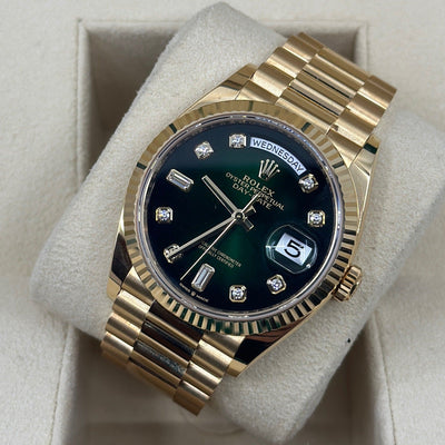 2022 ROLEX DAY-DATE 36 YELLOW GOLD 36MM GREEN OMBRÉ DIAL 128238