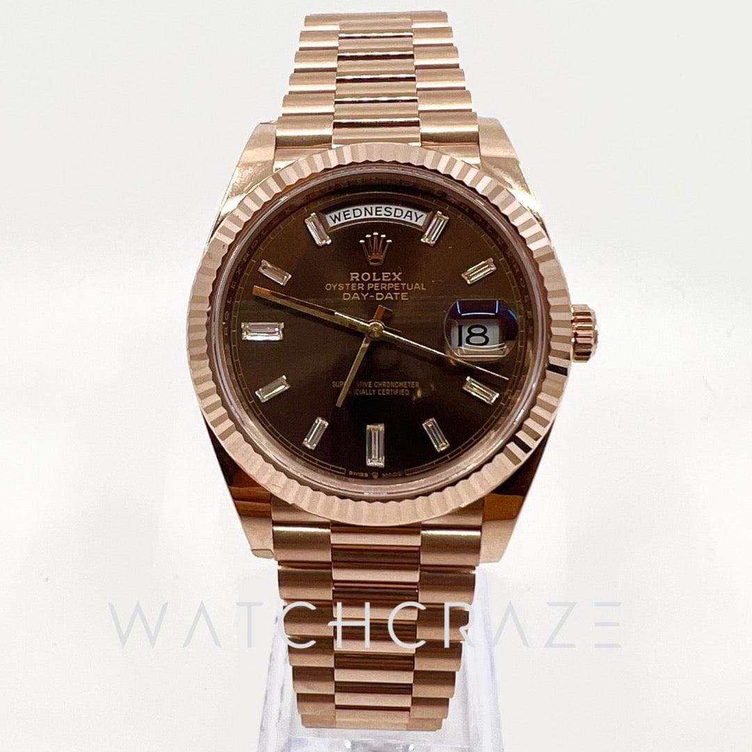 2022 ROLEX DAY-DATE 40MM EVEROSE CHOCOLATE BAGUETTE DIAMOND MARKERS 228235