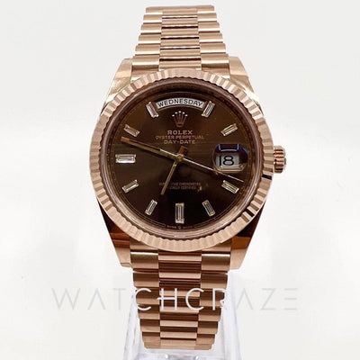 2022 ROLEX DAYDATE 40MM EVEROSE CHOCOLATE BAGUETTE DIAMOND MARKERS 228235 - WatchCraze.com.au